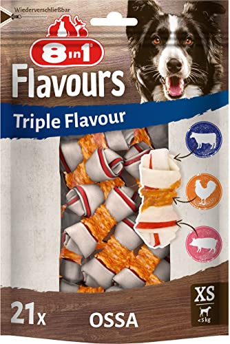 8in1 Triple Flavour Osso XS, 21 Pezzi, Osso Masticabile per Cani, Pelle al Sapore di Manzo e Maiale con Filetto di Pollo