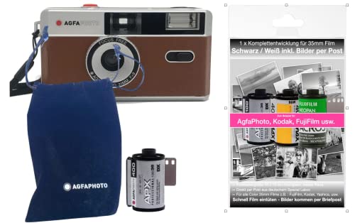 Agfa AG603002BE, Fotocamera, analogica 35 mm, set completo: pellicola + batteria + kit di sviluppo per fino a 36 nero bianco immagini (per post), Marrone