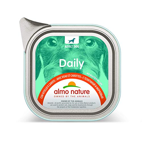almo nature - Cibo Umido Senza glutine con Vitello e Carote, Confezione da 32 vassoi da 100 g, 100% riciclabili, per Cani Adulti
