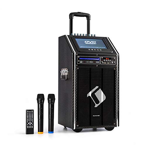 AUNA Pro DisGo Box 100 DVD - Cassa Karaoke, Sistema PA Mobile, 300 W Max., Display TFT da 9 , DVD, Bluetooth, Maniglia Trolley, Cassa con 2 Microfoni Wireless, Nero