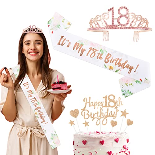 BETESSIN 18 Anni di Compleanno Fascia Oro Rosa Tiara Coroncina Principessa Birthday Topper per Torta Compleanno Regalo Festa Donna Decorazione Bomboniere
