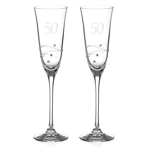 DIAMANTE Swarovski - Coppia di calici da champagne per 50° compleanno o anniversario, con cristalli Swarovski inciso a mano  50 