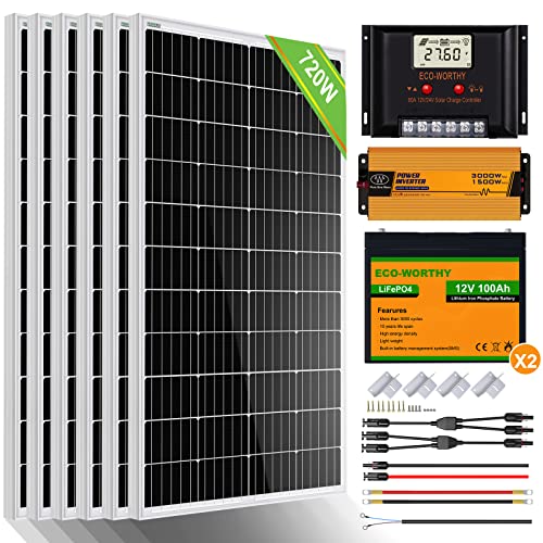 ECO-WORTHY Kit Fotovoltaico 3KW con Accumulo, 720 W 24 V per Camper Off-grid: 6 Pannelli Solari da 120 W + Inverter Solare da 1500 W CC 24 V CA 220 V+Batteria LiFePO4 da 100 Ah