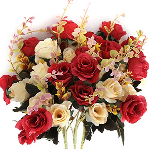 Fiori Artificiali,bouquet fiori artificiali mazzo fiori finti seta Rose Artificiali Blu 6 Ramo 12 Teste Bouquet Decorativo per balcone interno (Rosso)