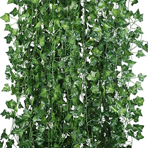 Houda Piante sospese artificiali, 25 metri, edera a foglie verdi, seta, decorazione per cucina, casa, giardino, ufficio, confezione da 12 Green
