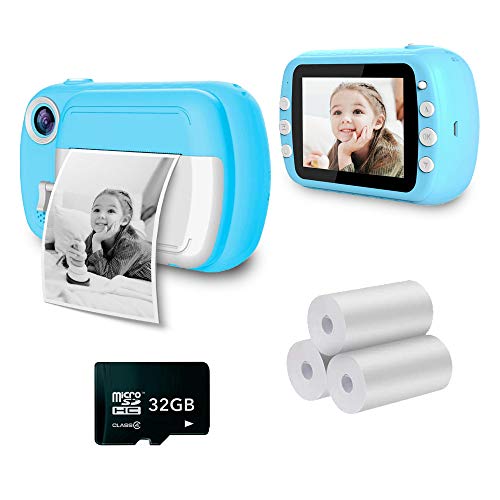 i-Paint P9 - Macchina fotografica istantanea per Bambini, Stampa B N su carta termica, Fotocamera 1080P Videocamera Digitale FHD, LCD da 3.5 , Micro SD da 32GB, Colore Blu