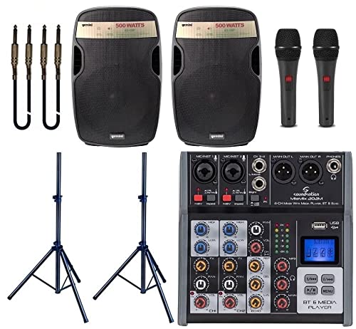 IMPIANTO AUDIO 835 PACK kit professionale con mixer, coppia di diffusori, supporti, 2 microfoni e cavi, per cantinette, bar, karaoke ecc.