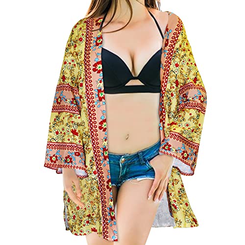 Kimono Cardigan Donna Cover Up Cardigan di Chiffon Stampa Boemia Floreale Manica Lunga Sciolto Vacanza Spiaggia Bikini Cover Up Estivo Top Costumi da Bagno da Spiaggia Sexy Mantelle (L, Giallo)