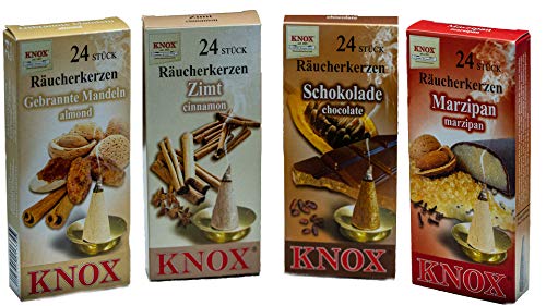 Knox - Set di 4 coni di incenso natalizi, al profumo di marzapane, mandorla arrostita, cannella e cioccolato, quantità: M - 96 pezzi, prodotto in Germania
