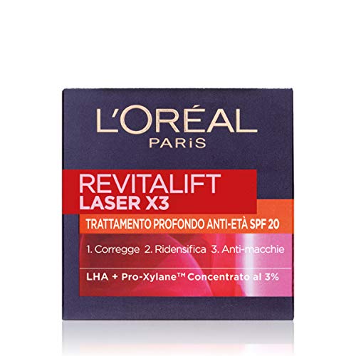 L Oréal Paris Crema Viso Giorno Revitalift Laser X3, Azione Antirughe Anti-Età con Acido Ialuronico e Pro-Xylane, Anti-macchie, Protezione SPF 20, 50 ml