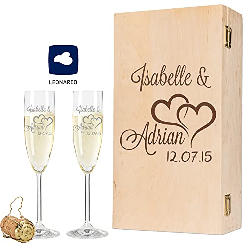 Leonardo - Calici per lo spumante, con incisione (personalizzabile), adatti come regalo per matrimonio, fidanzamento o anniversario, con scatola di legno vintage