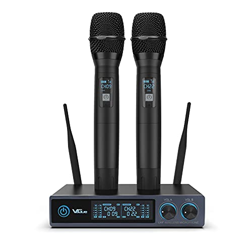 Microfono Wireless Professionale, VeGue Microfono Senza Fili Bluetooth con 2 Microfoni UHF per Karaoke Festa,Spettacolo, Bar, Riunione, DJ, Chiesa, Matrimonio（VW-022）