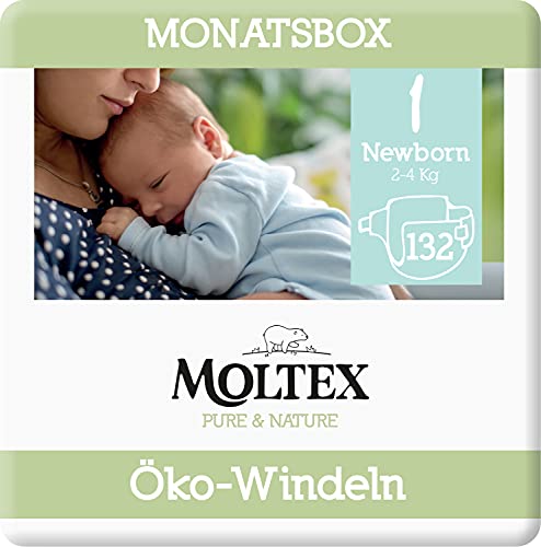 Moltex Pure & Nature - Pannolini ecologici, misura 1 Neonato (2-5 kg), confezione per un mese, 132 pannolini biologici (etichetta in lingua italiana non garantita)