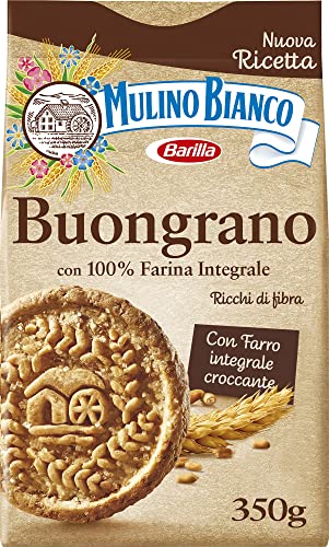 Mulino Bianco Biscotti Buongrano con 100% Farina Integrale, Colazione Ricca di Fibre e Gusto - 350 gr