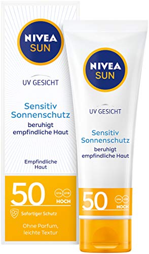 Nivea Sun, crema solare per il viso sensibile ai raggi UV, confezione da 1 (1 x 50 ml), crema viso con fattore di protezione solare 50+, per pelli sensibili, lenisce le irritazioni della pelle.