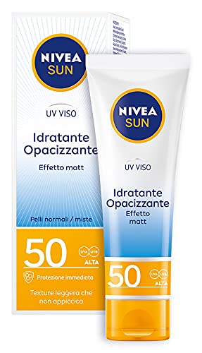 NIVEA SUN Crema viso UV Idratante Opacizzante FP50 in tubetto da 50 ml, Crema idratante e opacizzante con effetto matt, Crema solare protezione dai raggi UVA e UVB