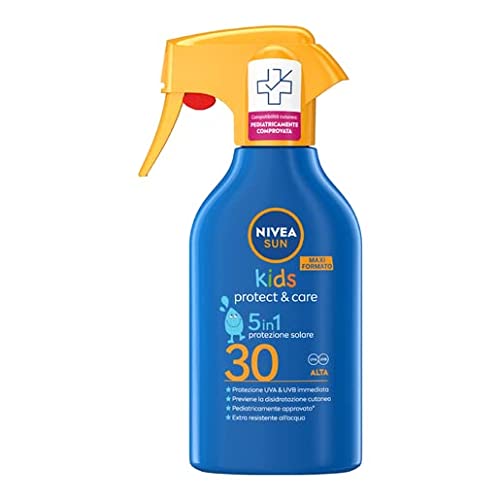 NIVEA SUN Maxi Spray Solare Kids Protect & Care SPF 30 in flacone spray da 270 ml, Protezione solare per bambini resistente all acqua, crema solare per pelli delicate