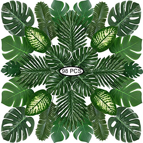 PietyPet 98 pezzi 8 tipi di Foglie di Palma Artificiali con gambo, Foglie di monstera, Tropicali Foglie di Piante con Steli decorazione forniture per Feste hawaiane, Giungla, Spiaggia, Compleanno