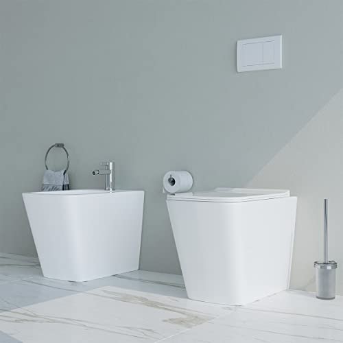 Sanitari bagno filomuro a terra RIMLESS Bidet e Vaso WC in ceramica con sedile coprivaso softclose CUBE