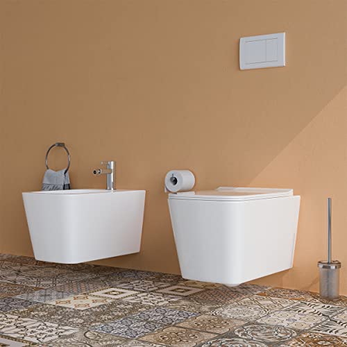 Sanitari bagno filomuro SOSPESI Bidet e Vaso WC in ceramica con sedile coprivaso softclose CUBE