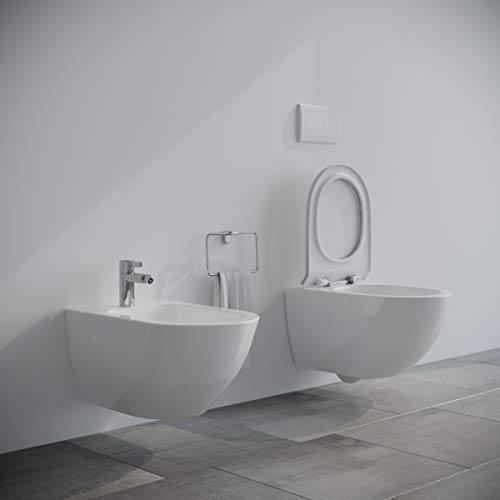 Sanitari bagno filomuro SOSPESI RIMLESS Bidet e Vaso WC in ceramica con sedile coprivaso softclose Fast
