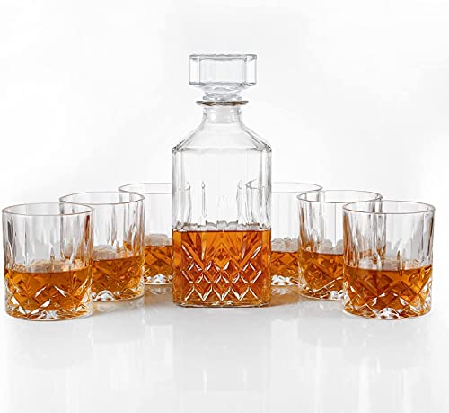Set di decanter per whisky e 6 bicchieri da whisky, in confezione regalo – set originale di decanter per liquori in cristallo per borbon, scotch, vodka
