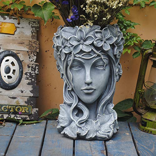Sungmor Statua della piantatrice della Testa della dea Creativa di per Gli Ornamenti del Giardino | Resina Premium 9 × 9 × 14 Pollici | Vaso da Fiori di Grande Diametro per Faccia Fredda