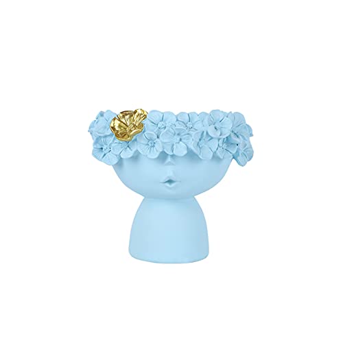 Vaso di fiori in resina, scultura in ceramica corona ragazza vasi, vaso di resina astratta mezza faccia ragazza, composizione floreale nordica vaso per fiori decorazione moderna casa (blu S)