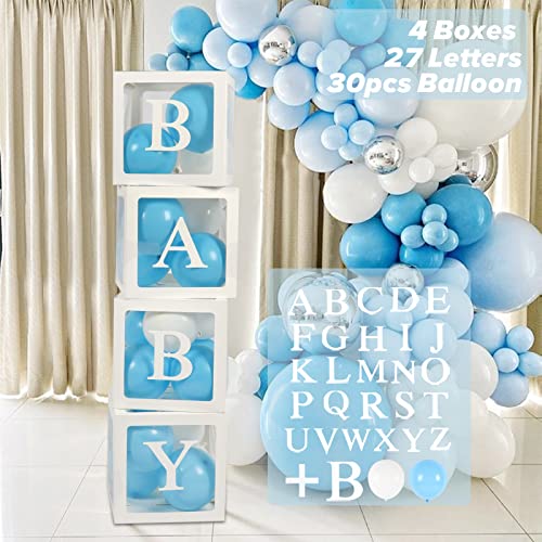 61 scatole per decorazioni per baby shower, 30 palloncini (blu e bianco) e 4 scatole trasparenti per palloncini con 27 lettere, tra cui baby+a-z, blocchetti per baby shower, decorazioni per feste di