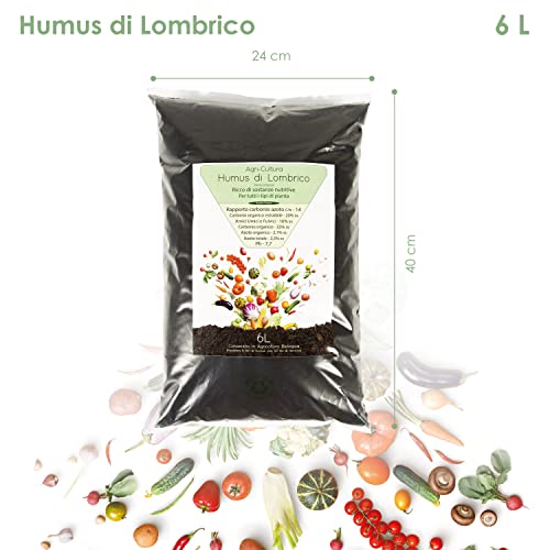 AGRI-CULTURA - humus di lombrico biologico italiano, 6 Litri, Ferti...