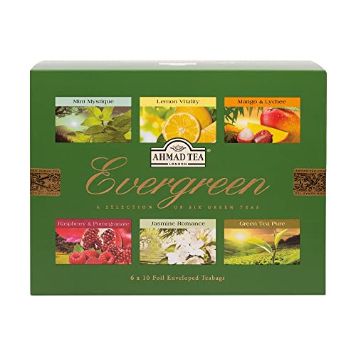 Ahmad Tea, EverGreen Selection - Selezione di Tè Verde Puro o Aromatizzato alla Frutta Fiori in 6 Gusti Diversi - Cofanetto con 6 Confezioni da 10 Bustine