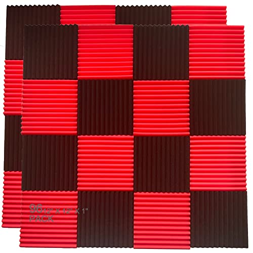 Allxinlog - Confezione da 96 pannelli fonoassorbenti da parete in schiuma acustica, 30,5 x 30,5 x 2,5 cm (48 rosso + 48 nero)