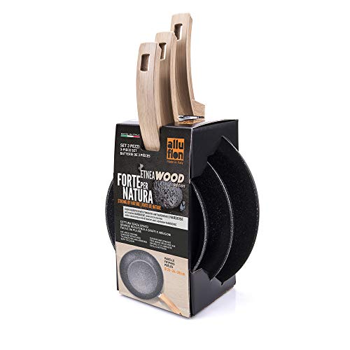 [Amazon Exclusive] ALLUFLON Etnea Wood Edition Set da 3 Padelle, Alluminio, Nero, 20 - 24 - 28 cm
