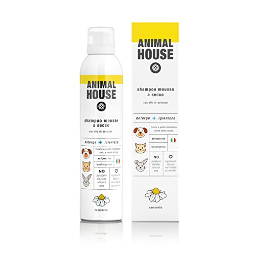 Animal House Shampoo Secco Mousse 300ml per Cani Naturale Made in Italy Ipoallergenico, per Tutti i peli, Senza chimici agli Oli Essenziali di Mandorla o Avocado (Camomilla)