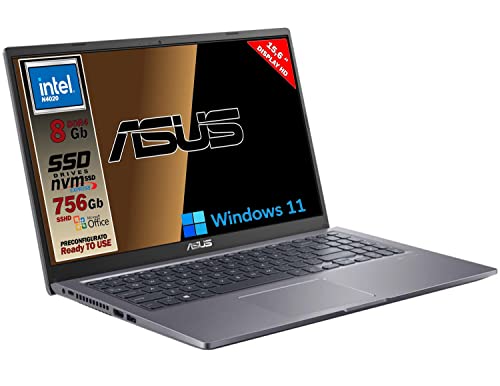 Asus Vivobook notebook, SSHD da 756 Gb, Cpu Intel N4020 fino a 2.8Ghz, 8Gb ddr4, Display da 15,6 hd, wi-fi, 4 Usb, Bt, hdmi, webcam, Win 11 pro, Office Pro, preconfigurato Gar. Italia