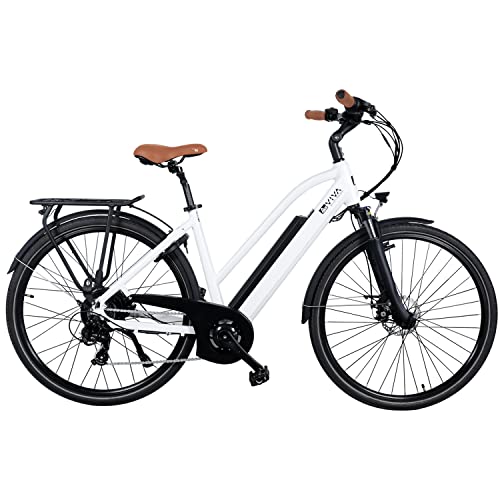 AsVIVA E-Bike Bici da Trekking B15-D - 28  City Bike Bici ad Accesso Basso | Batteria a Celle Samsung 36V 14,5Ah | Cambio Shimano a 7 Marce | Motore Posteriore da 250W | Bicicletta Bianco Grigio