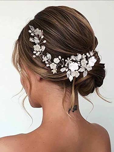 Atigy Fiore di nozze capelli viti argento perla sposa pezzo capelli accessori per capelli da sposa per donne e ragazze