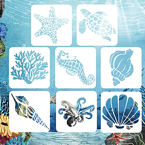 AvoDovA 8 Pezzi stencil per pittura Creature Marine, motivo: cavalluccio marino, polipo, tartaruga marina, stella marina,Corallo,Conchiglia, Pittura Stencil Set in PET, 13*13 CM, riutilizzabili