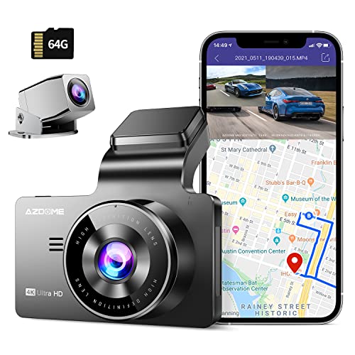 AZDOME 4K WiFi GPS Car Dash Cam, Dual Lens with 3  IPS UHD 3840x2160P + 1080P IP68 Rear camera, Dashboard Camera Recorder with 150° Wide Angle with Night Vision, WDR, Parking Monitor,Support 128GB Max
