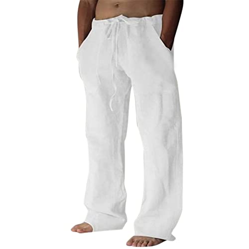 Beokeuioe Pantaloni estivi da uomo, leggeri, in lino, traspiranti, per il tempo libero, da uomo, in cotone e lino, pantaloni chino da uomo, bianco, XL