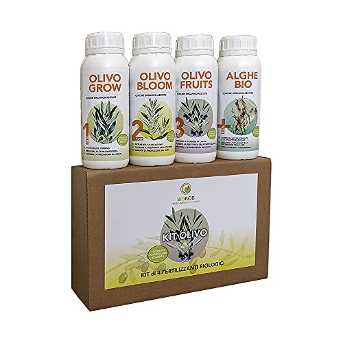 BIOBOB OLIVO Kit Fertilizzante Biologico per Olivi - 4 Flaconi di Concime per Ulivo concentrato per Tutte Le Fasi della Pianta – Adatto anche per piante in vaso