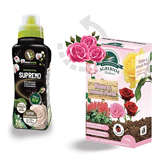 Biostimolante liquido HARMONIA SUPREMO 500 gr + Concime organico in pellet per ROSE 1 Kg - Nutrizione attiva e Rinforzo difese per rose e arbusti fioriti (Nutrimento Rose)