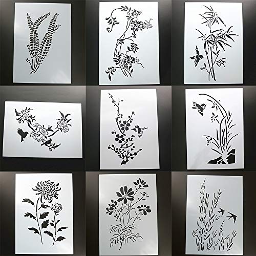 BLUGUL 9 pezzi Formato A4 Stencil, per Decorazione da Parete Mobilia Finestra DIY Disegno, Gesang Orchidea Prugna Pesca Bambù Fiori di Glicine Crisantemo