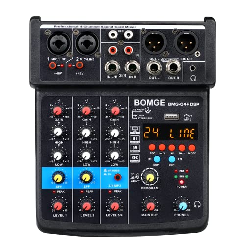 BOMGE-04F Mixer audio dj a 4 canali con MP3   USB Bluetooth, registrazione stereo effetto eco 48V   DSP, adatto per trasmissione in diretta, karaoke, produzione musicale (nero)