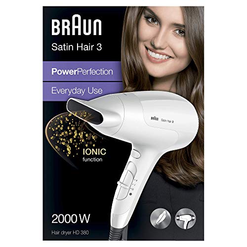 Braun Satin Hair 3 Asciugacapelli Ioni, Phon Professionale, Tecnologia PowerPerfection, con Azione Anti Crespo, Effetto Brillantezza, Compatto e Leggero, 2000 W, HD380 Bianco