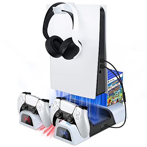 Buluri Supporto PS5 con Ventola di Raffreddamento e Ricarica Controller PS5, PS5 Supporto Verticale con Indicatori LED e Conservazione per 10 Giochi, per PlayStation 5 Console