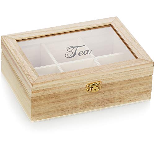 com-four Scatola per Il tè con 6 Scomparti - Scatola per la conservazione delle bustine di tè in Legno (01 Pezzi - 20,5x15,5x7,5cm Marrone Chiaro)
