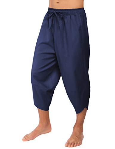 COOFANDY Pantaloni capri da uomo in lino, leggeri, a 3 4, con coulisse, vita elasticizzata, casual, da spiaggia, da yoga, blu navy, M