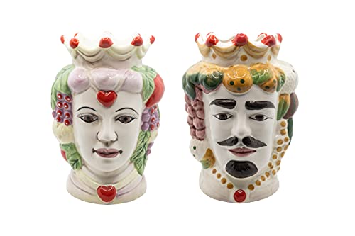 Coppia Teste di Moro Re e Regina Caltagirone, Ceramiche Siciliane, Vaso in ceramica siciliana 12x18 cm