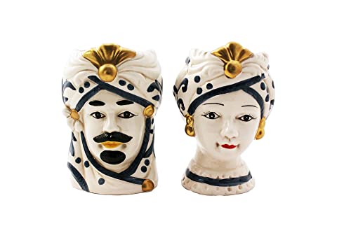 Coppia teste di moro re e regina in ceramica siciliana realizzate e decorate a mano blu e oro moderno h13cm gic
